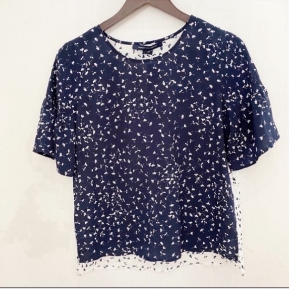 French Connection Komo Pin-tuck Short Sleeve Blouse Blue/white Size XS NEW - Picture 1 of 6